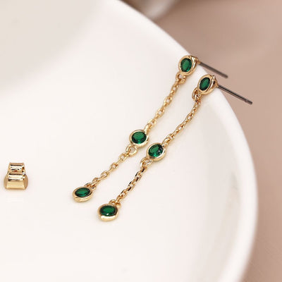 POM Golden Chain & Green Crystal Bezel Long Dangly Earrings