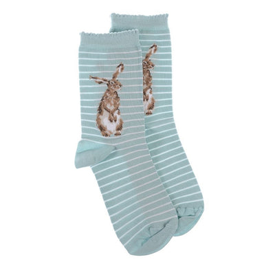 Hare Striped Ladies Ankle Bamboo Socks -Duck Egg -  Wrendale Designs