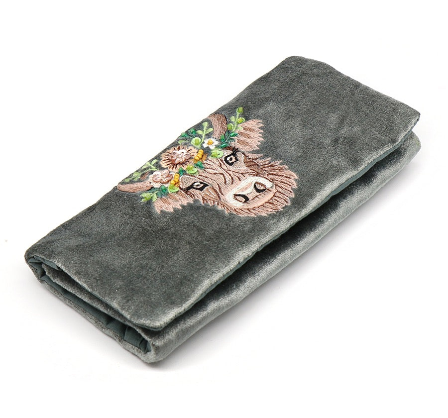 POM Seafoam Velvet Highland Cow Embroidered Jewellery Roll
