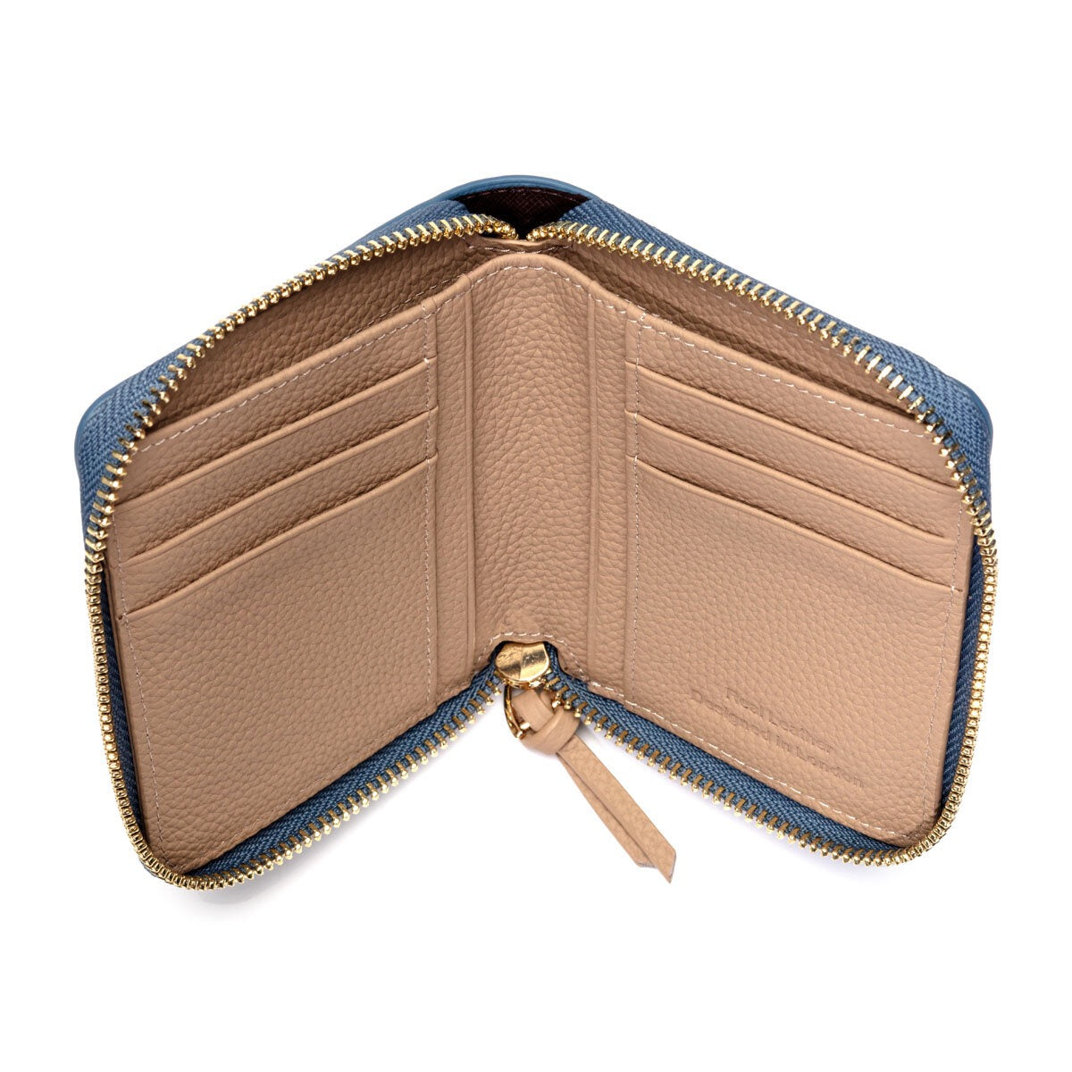 Elie Beaumont Designer Leather Zipper Card Purse - TEAL BLUE/LATTE