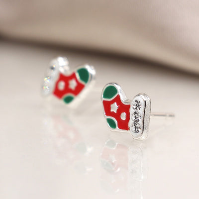 POM Sterling Silver Enamel Christmas Stocking Stud Earrings with Crystals