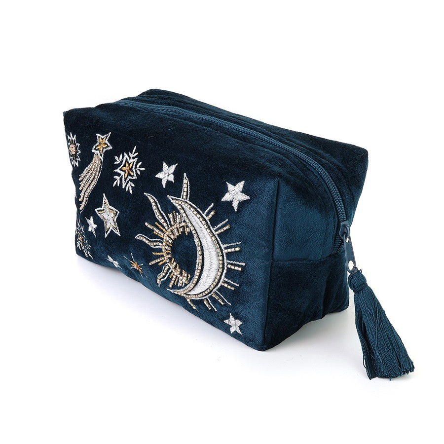 POM - Petrol Blue - Celestial Moon &amp; Stars - Large Cosmetic/ Make-Up Bag