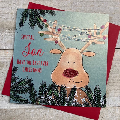 White Cotton Cards Special Son Reindeer with Lights Christmas Card