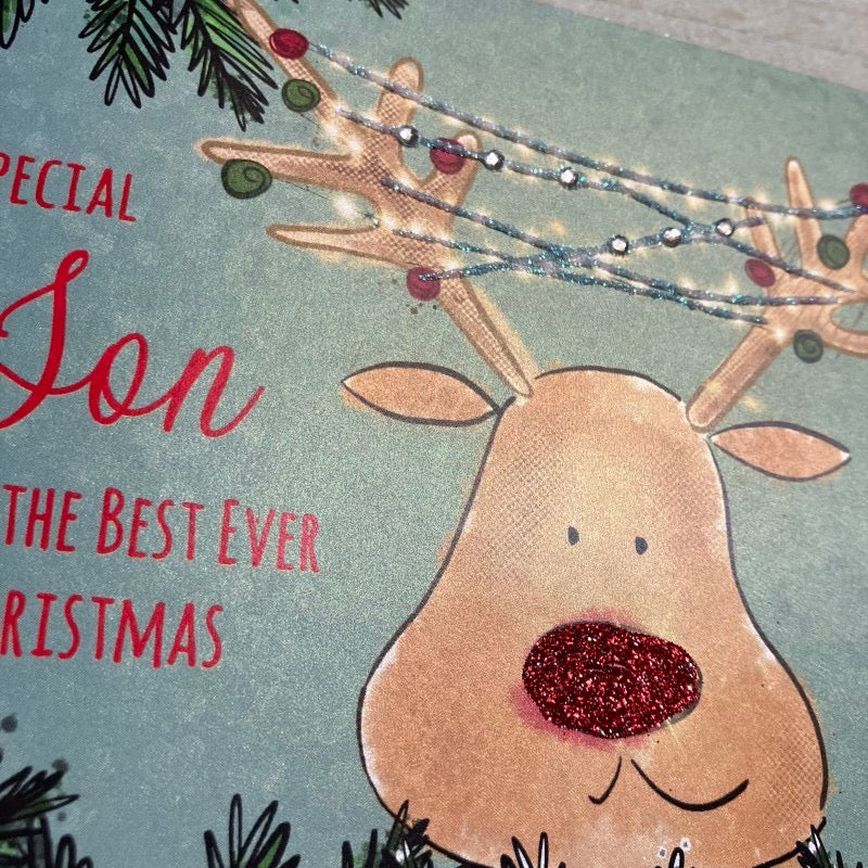 White Cotton Cards Special Son Reindeer with Lights Christmas Card