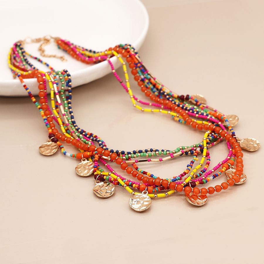 POM Brights Multistrand Beaded Hammered Disc Statement Necklace