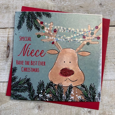 White Cotton Cards Special Niece Reindeer with Lights Christmas Card