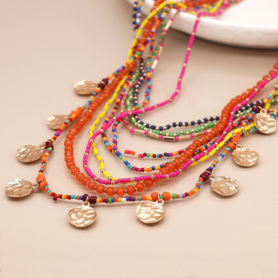 POM Brights Multistrand Beaded Hammered Disc Statement Necklace