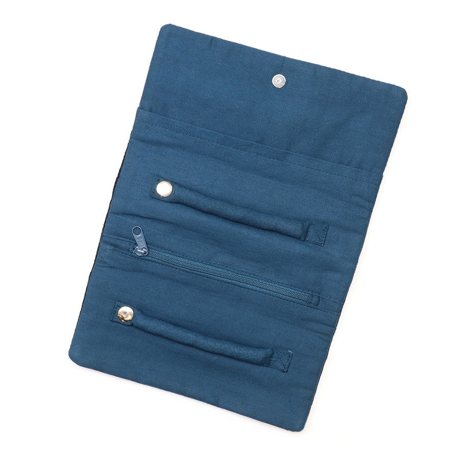 POM - Petrol Blue Velvet - Celestial Moon &amp; Stars - Embroidered Jewellery Roll
