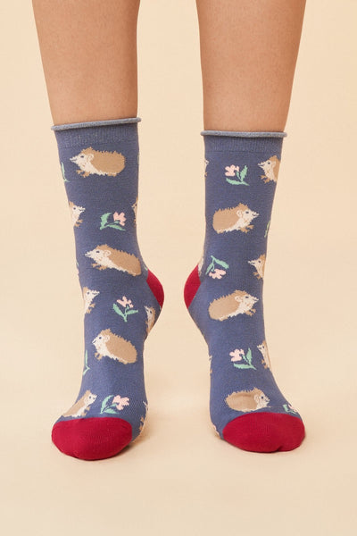 Powder Snuffling Hedgehogs Ladies Bamboo Ankle Socks - Navy