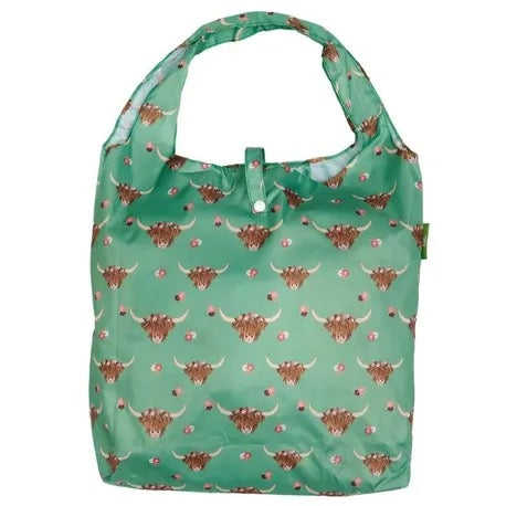 Eco Chic Foldable Recycled Shopping Bag - Floral Highland Cow - Green