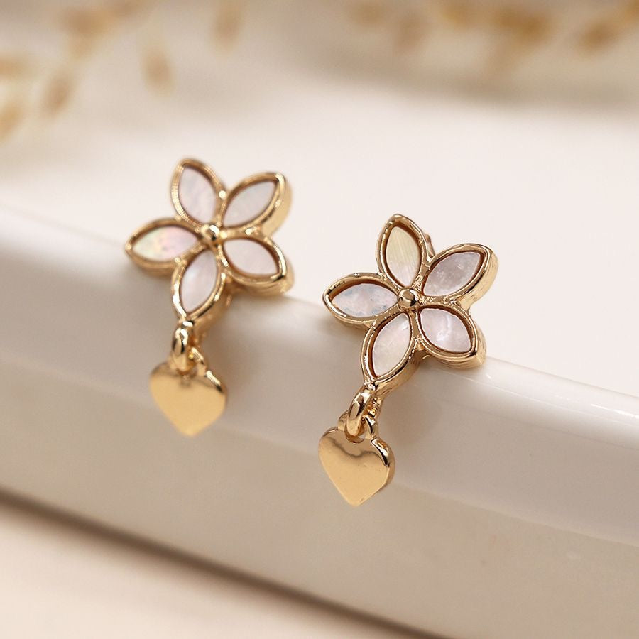 POM Gold Plated Shell Inset Flower & Heart Charm Earrings