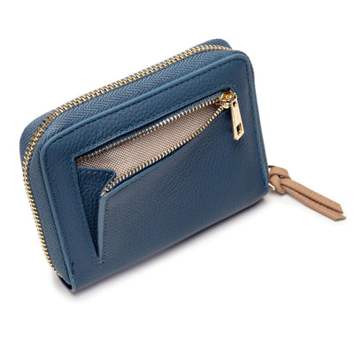 Elie Beaumont Designer Leather Zipper Card Purse - TEAL BLUE/LATTE