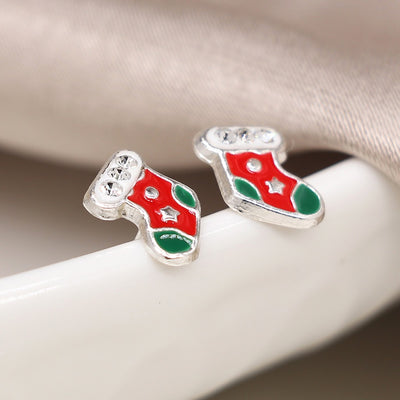 POM Sterling Silver Enamel Christmas Stocking Stud Earrings with Crystals