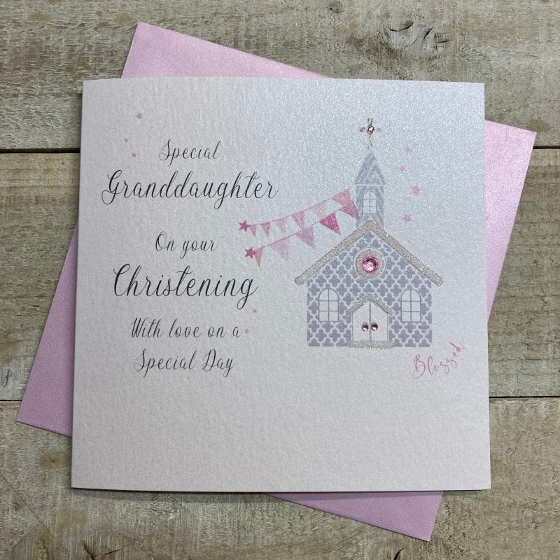 Granddaughter - Christening Sparkle Church & Bunting Card - White Cotton Cards