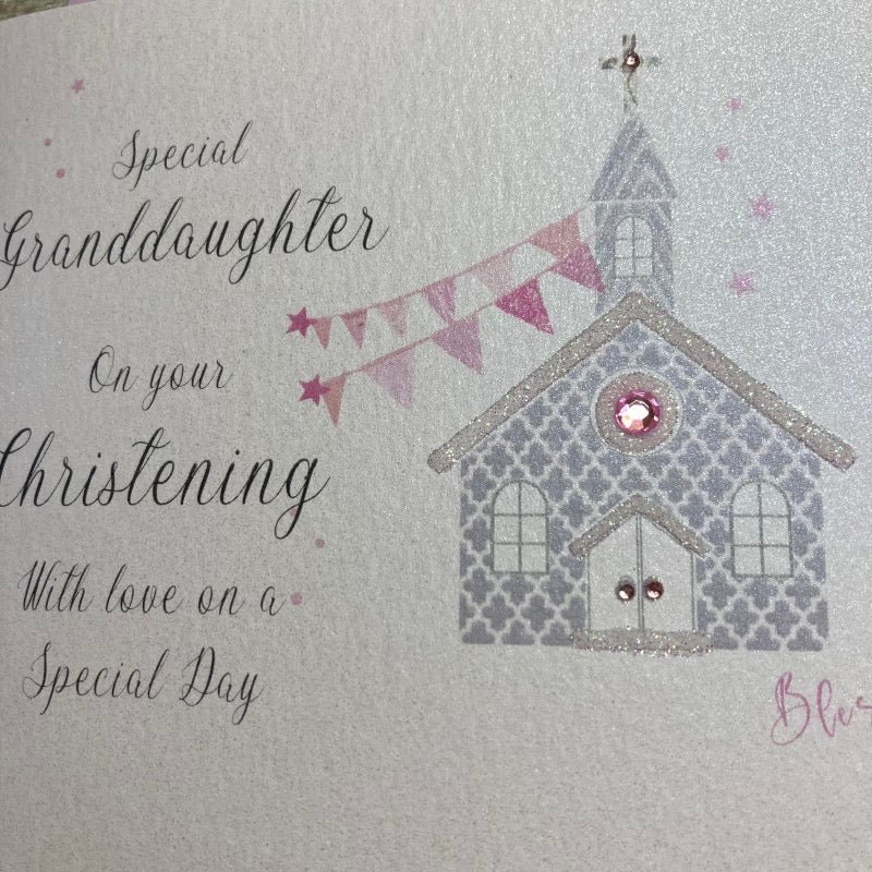 Granddaughter - Christening Sparkle Church & Bunting Card - White Cotton Cards