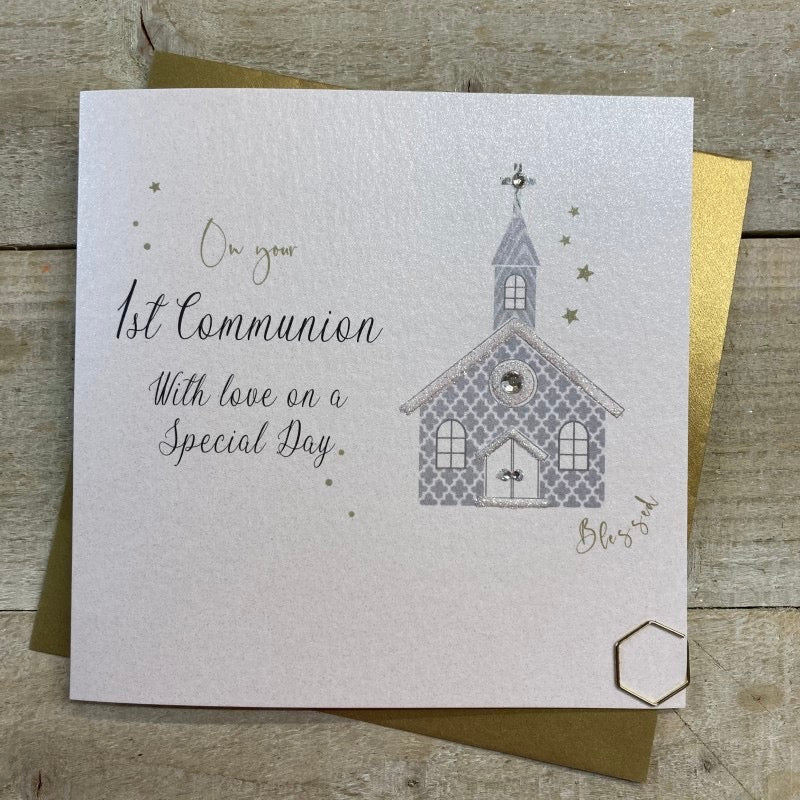 1st Communion Sparkle Church & Bunting Card - White Cotton Cards