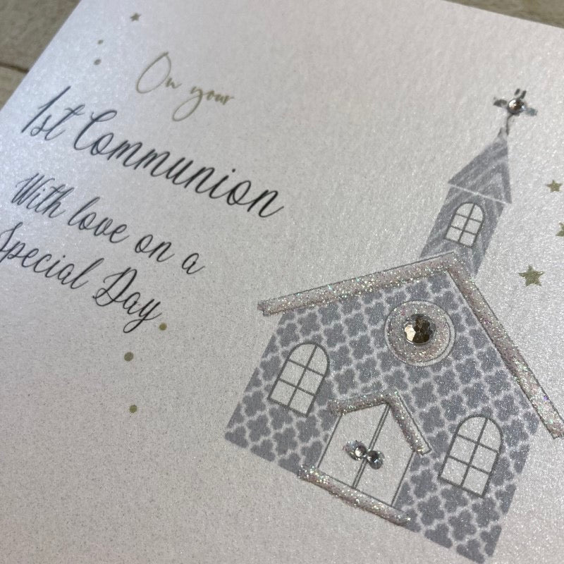 1st Communion Sparkle Church & Bunting Card - White Cotton Cards