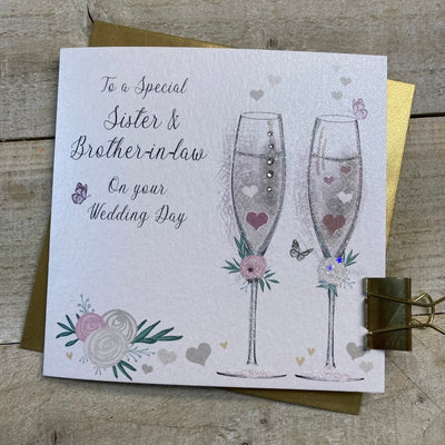 Sister & Brother-in-Law Flutes & Flower Wedding Card - White Cotton Cards