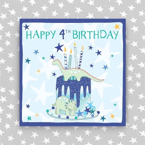 Molly Mae Happy 4th Birthday Cake Dinosaurs & Stars Blue Card