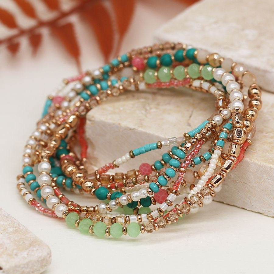POM Turquoise, Coral, White, Gold Multistrand Beaded Stretch Bracelet