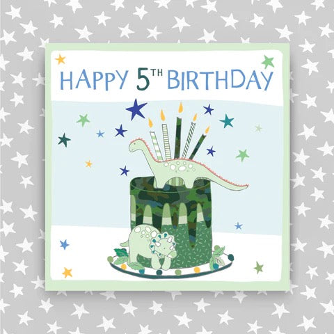 Molly Mae Happy 5th Birthday Cake Dinosaurs & Stars Blue Card