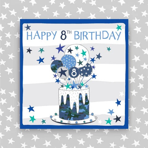Molly Mae Happy 8th Birthday Cake Balloons & Stars Blue Card