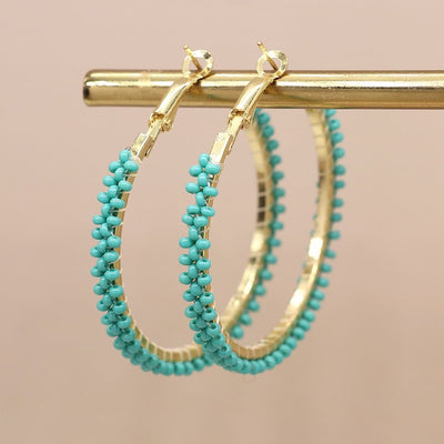 POM Aqua Turquoise Beaded Large Hoop Statement Earrings