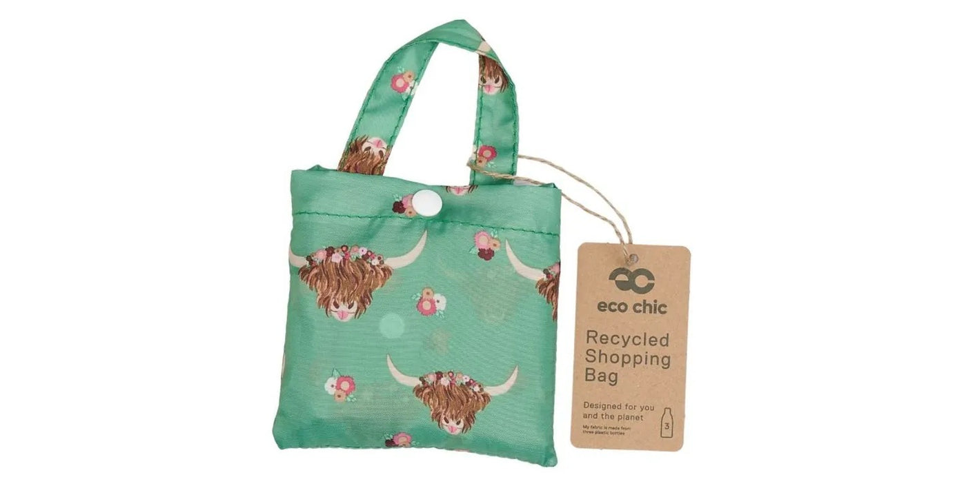Eco Chic Foldable Recycled Shopping Bag - Floral Highland Cow - Green