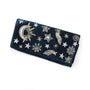 POM - Petrol Blue Velvet - Celestial Moon & Stars - Embroidered Jewellery Roll