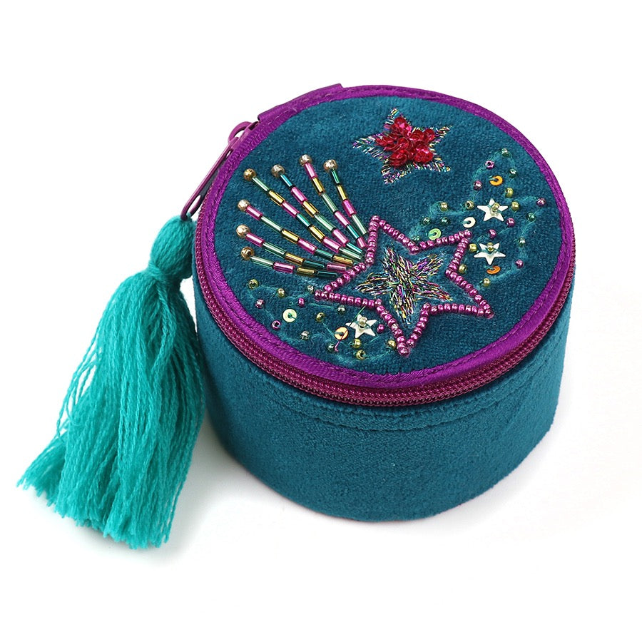 POM Teal Velvet Purple/Aqua Shooting Stars Embroidered Round Mini Jewellery Box
