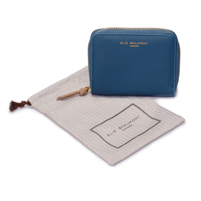 Elie Beaumont Designer Leather Zipper Card Purse - TEAL BLUE/LATTE