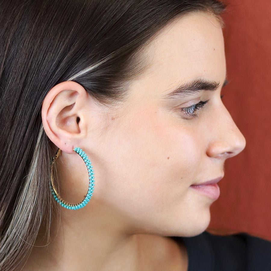 POM Aqua Turquoise Beaded Large Hoop Statement Earrings