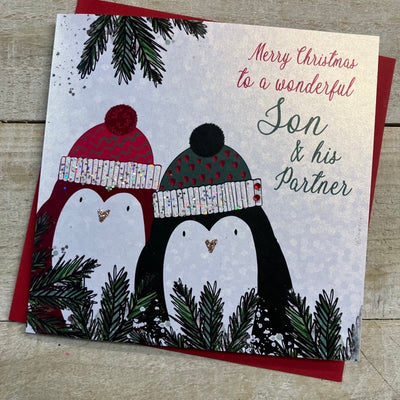 White Cotton Cards Son & His Partner Two Penguins Christmas Card