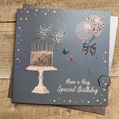 Special Birthday Teal Blue Sparkly Cake & Balloons Card - White Cotton Cards