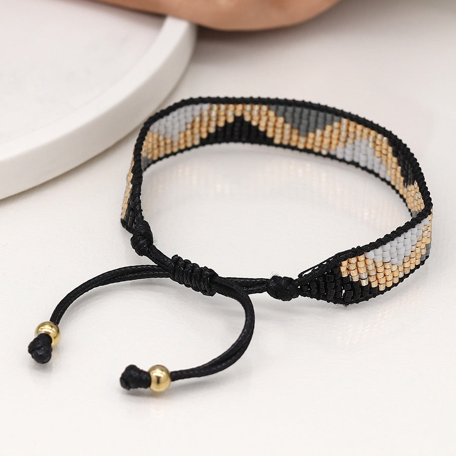 POM Adjustable Woven Black mix Bold Zig-Zag Beaded Bracelet