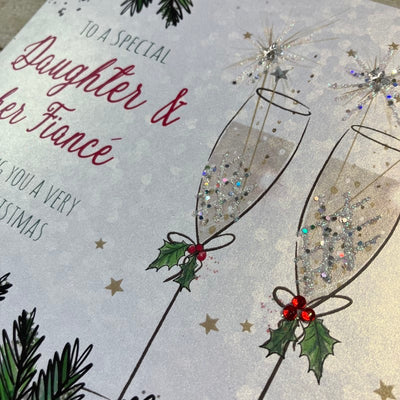 White Cotton Cards Daughter & her Fiancé Flutes Sparklers Christmas Card