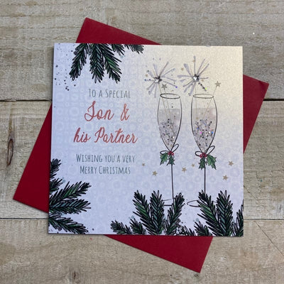 White Cotton Cards Son & his Partner Flutes Sparklers Christmas Card