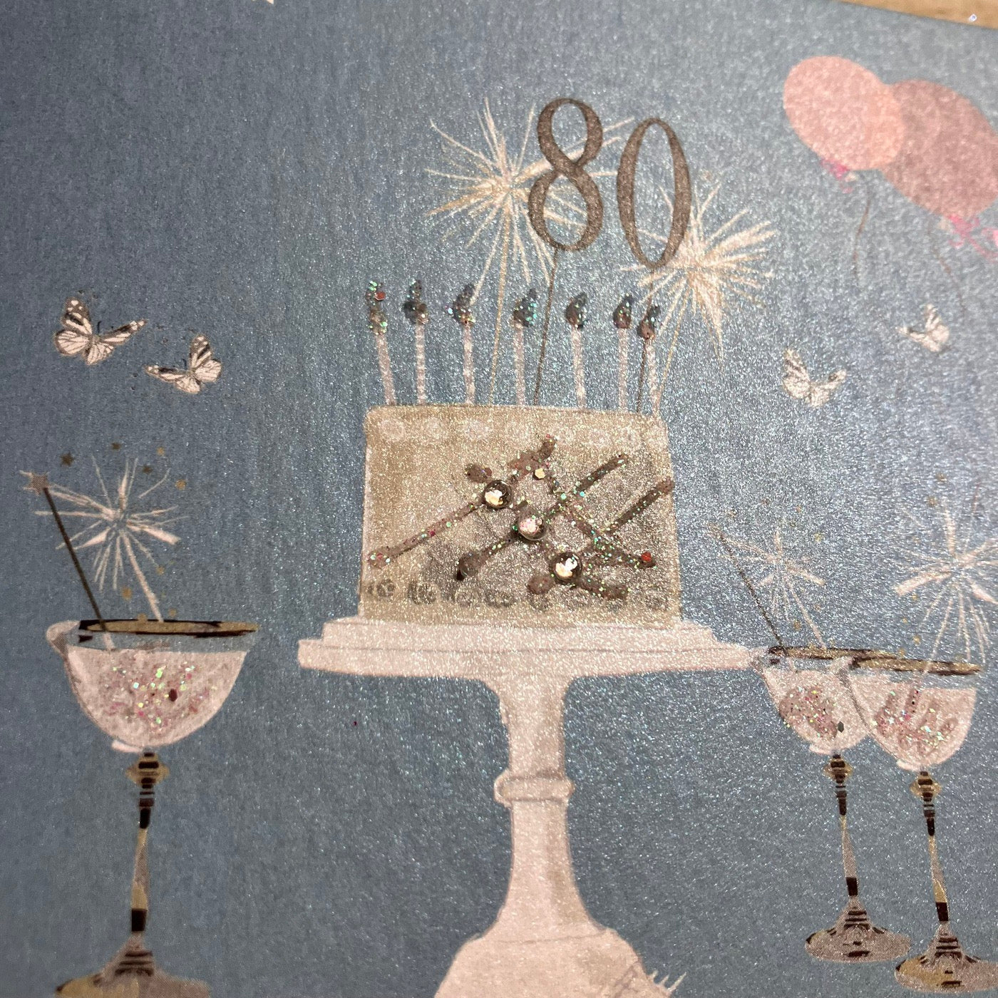 80th Birthday Teal Blue Sparkly Cake &amp; Glasses Card - White Cotton Cards