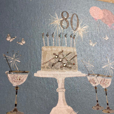 80th Birthday Teal Blue Sparkly Cake & Glasses Card - White Cotton Cards