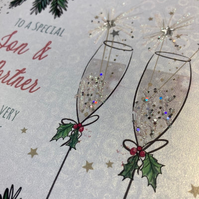 White Cotton Cards Son & his Partner Flutes Sparklers Christmas Card
