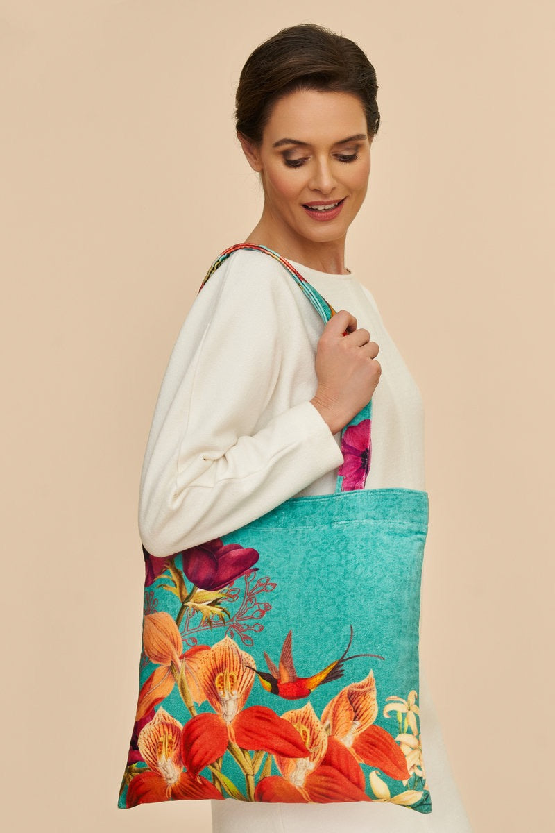 Powder Hummingbird at Dusk Velvet Tote Bag - Turquoise