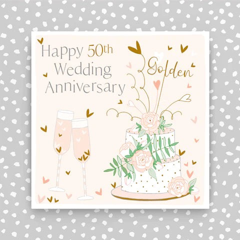 Molly Mae Happy 50th Wedding Anniversary Golden Cake & Glasses Card