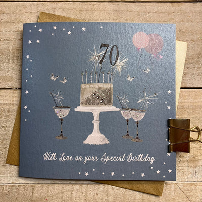 70th Birthday Teal Blue Sparkly Cake & Glasses Card - White Cotton Cards
