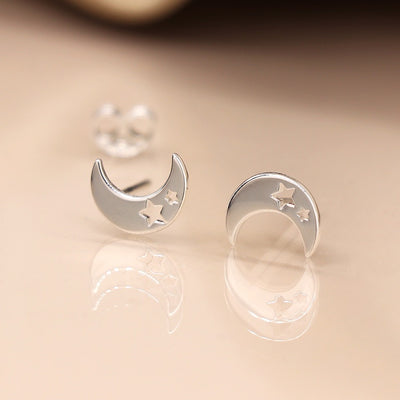 POM Sterling Silver Silver Moon Studs with Star Cut Out Detail Stud Earrings