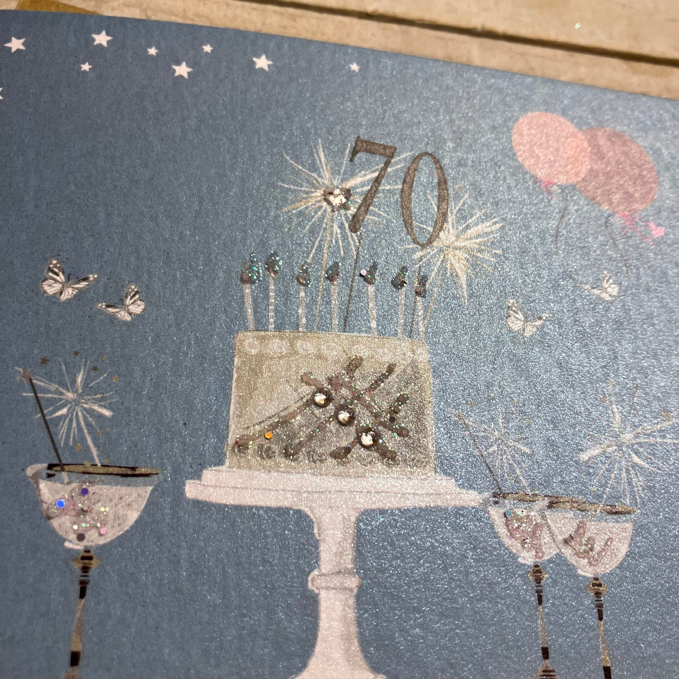 70th Birthday Teal Blue Sparkly Cake & Glasses Card - White Cotton Cards