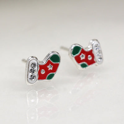 POM Sterling Silver Enamel Christmas Stocking Stud Earrings with Crystals