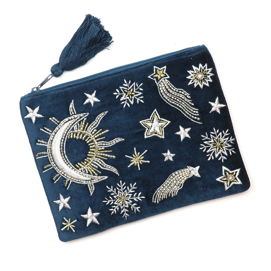 POM - Petrol Blue - Moon &amp; Stars - Embroidered Zip Top Pouch with Tassel