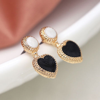 POM Faux Gold Plated Edged Heart Stud Earrings with Black & White Enamel