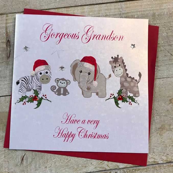 White Cotton Cards Grandson Cute Animals Christmas Card