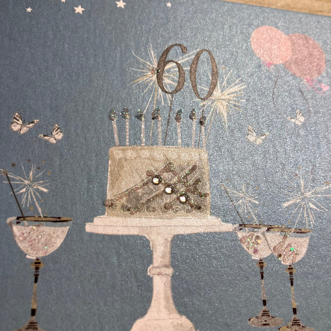 60th Birthday Teal Blue Sparkly Cake & Glasses Card - White Cotton Cards
